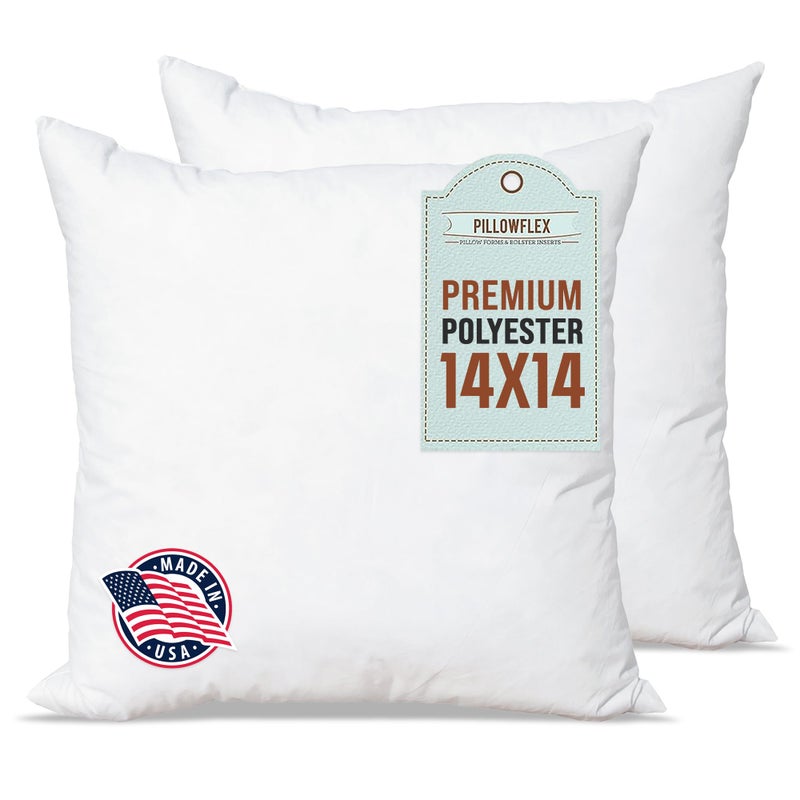 Pillowflex Premium Polyester Pillow Insert â€“ 14x14 - Square Pillows Form, Machine Washable, Soft Sham Supports, Decorative Form for Covers and Throw Pillows, Hypoallergenic - Made in USA - 2 Pack - Image 1